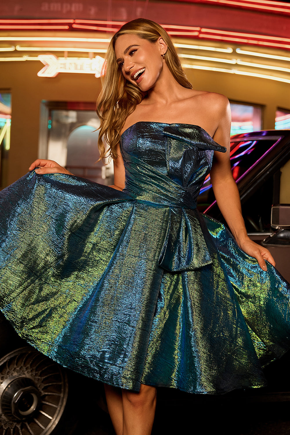 Metallic Peacock Green Strapless A Line Homecoming Dress