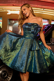 Metallic Peacock Green Strapless A Line Homecoming Dress