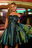 Metallic Peacock Green Strapless A Line Homecoming Dress