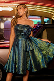 Metallic Peacock Green Strapless A Line Homecoming Dress