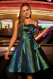 Metallic Peacock Green Strapless A Line Homecoming Dress