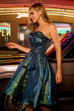 Metallic Peacock Green Strapless A Line Homecoming Dress