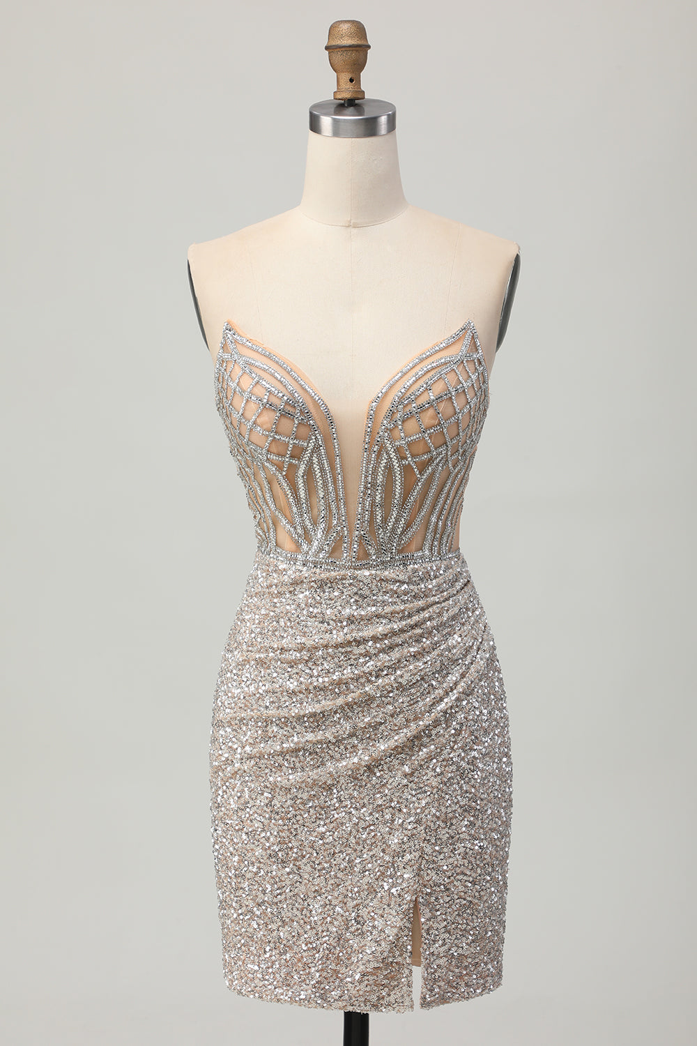 Sparkly Silver Strapless Tight Homecoming Dress With Slit