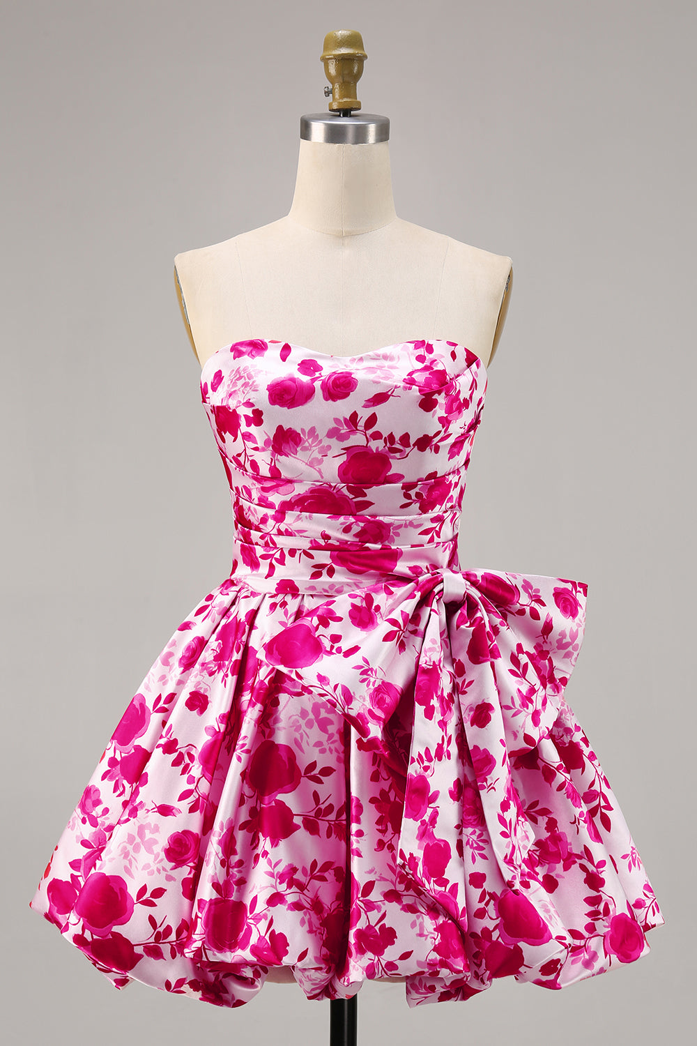 Strapless Fuchsia A-Line Floral Homecoming Dress With Bow