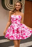 Strapless Fuchsia A-Line Floral Homecoming Dress With Bow