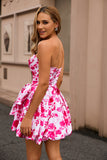 Strapless Fuchsia A-Line Floral Homecoming Dress With Bow