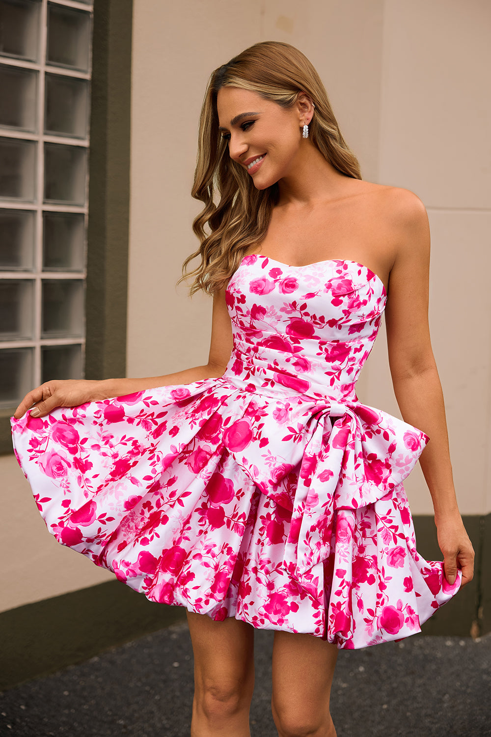 Strapless Fuchsia A-Line Floral Homecoming Dress With Bow
