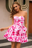 Strapless Fuchsia A-Line Floral Homecoming Dress With Bow
