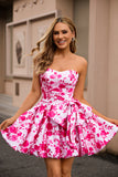 Strapless Fuchsia A-Line Floral Homecoming Dress With Bow