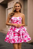 Strapless Fuchsia A-Line Floral Homecoming Dress With Bow