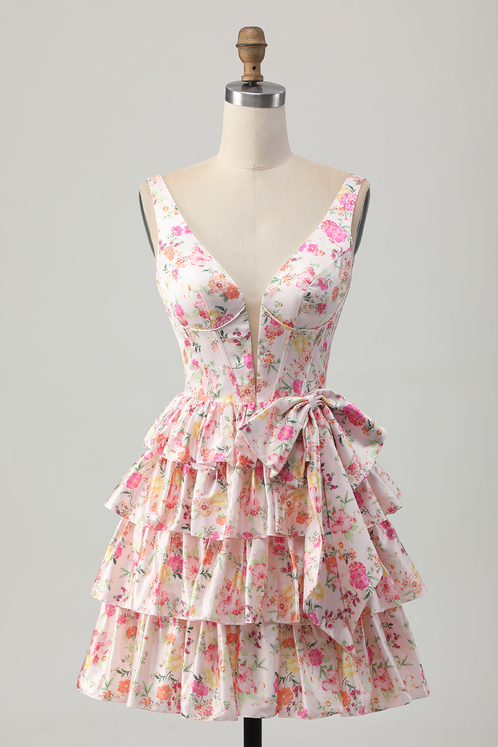 Floral Pink V-Neck Tiered A Line Homecoming Dress with Bow