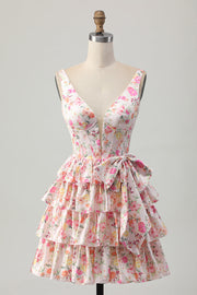 Floral Pink V-Neck Tiered A Line Homecoming Dress with Bow