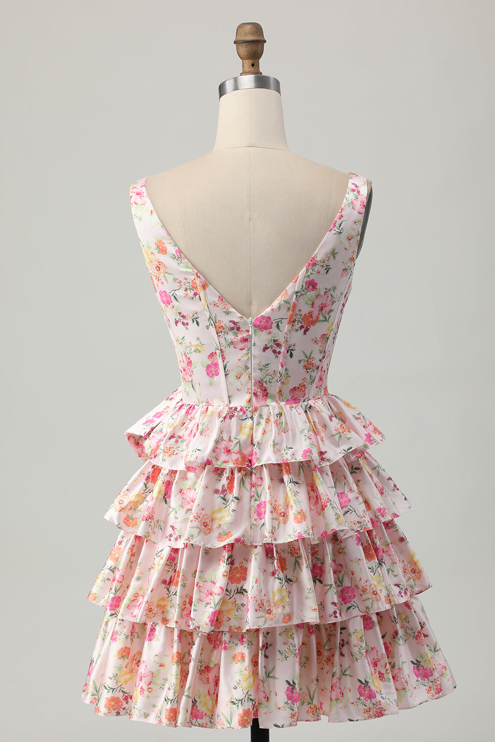 Floral Pink V-Neck Tiered A Line Homecoming Dress with Bow