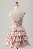 Floral Pink V-Neck Tiered A Line Homecoming Dress with Bow