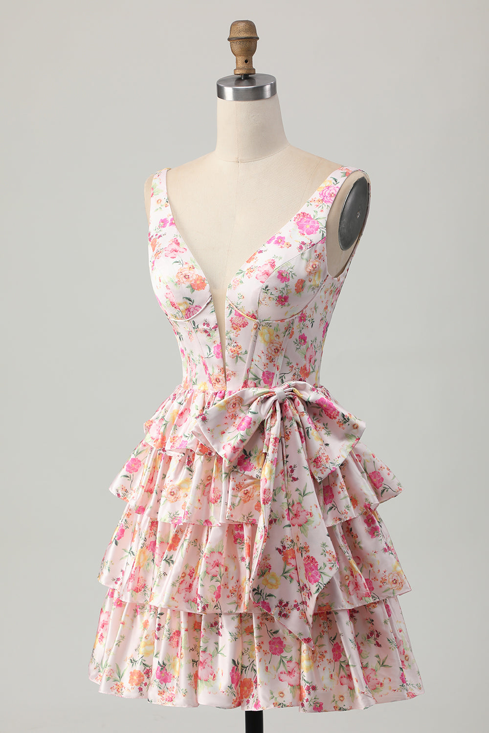 Floral Pink V-Neck Tiered A Line Homecoming Dress with Bow