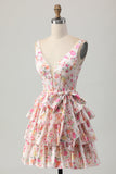 Floral Pink V-Neck Tiered A Line Homecoming Dress with Bow