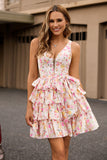 Pink Flower Ruffle V-Neck A-Line Tiered Homecoming Dress