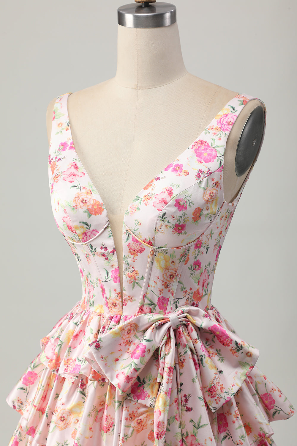 Floral Pink V-Neck Tiered A Line Homecoming Dress with Bow