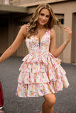 Pink Flower Ruffle V-Neck A-Line Tiered Homecoming Dress