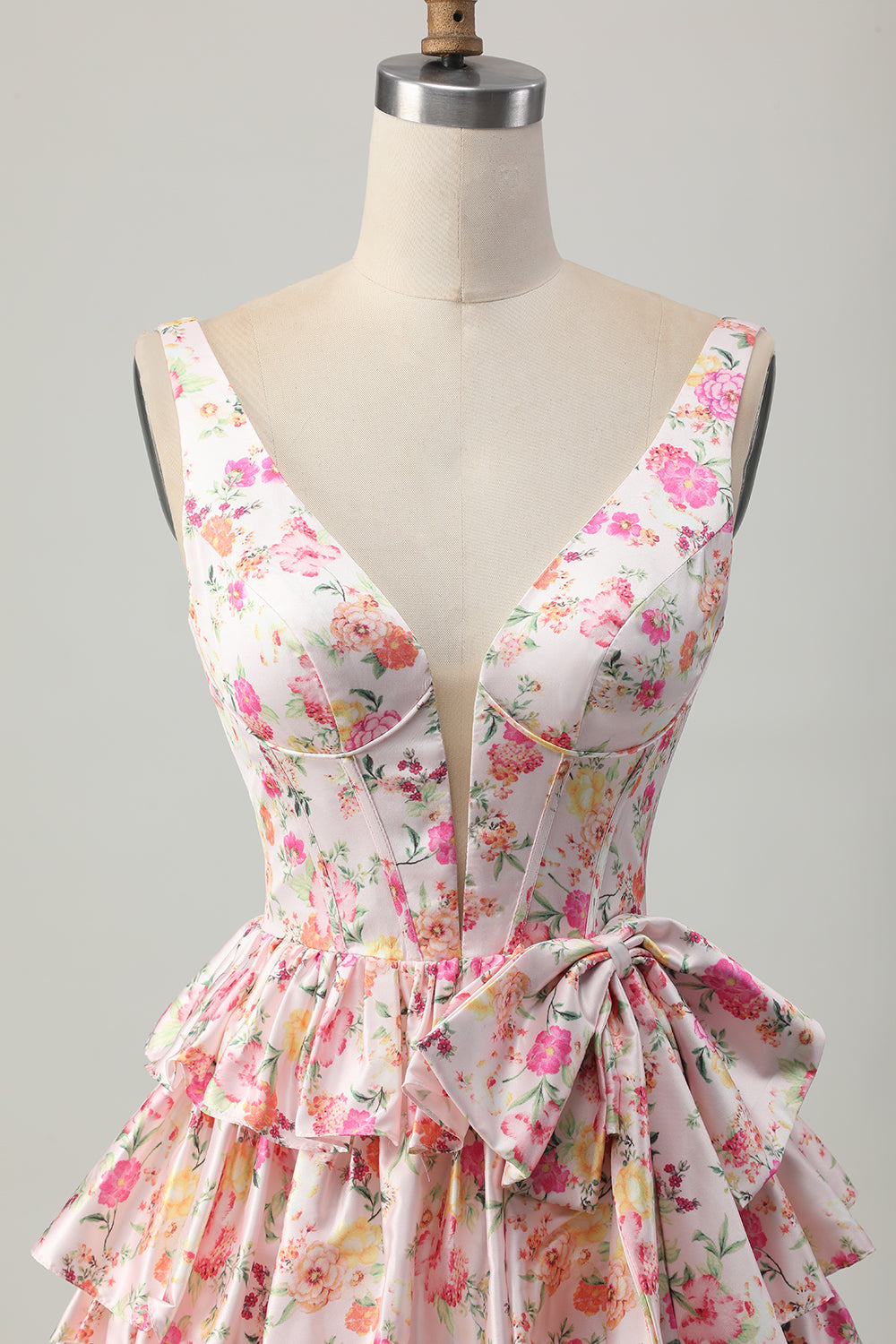 Floral Pink V-Neck Tiered A Line Homecoming Dress with Bow