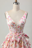 Floral Pink V-Neck Tiered A Line Homecoming Dress with Bow
