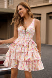 Pink Flower Ruffle V-Neck A-Line Tiered Homecoming Dress