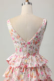Floral Pink V-Neck Tiered A Line Homecoming Dress with Bow