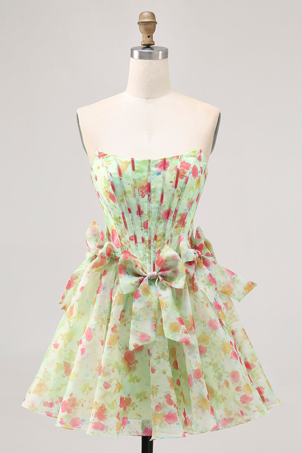 Green Printed A-Line Strapless Corset Homecoming Dress With Bows
