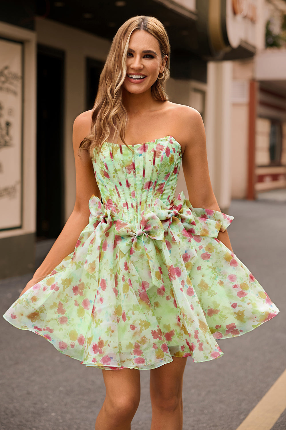 Green Printed A-Line Strapless Corset Homecoming Dress With Bows