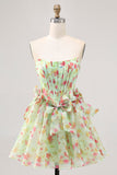 Green Printed A-Line Strapless Corset Homecoming Dress With Bows