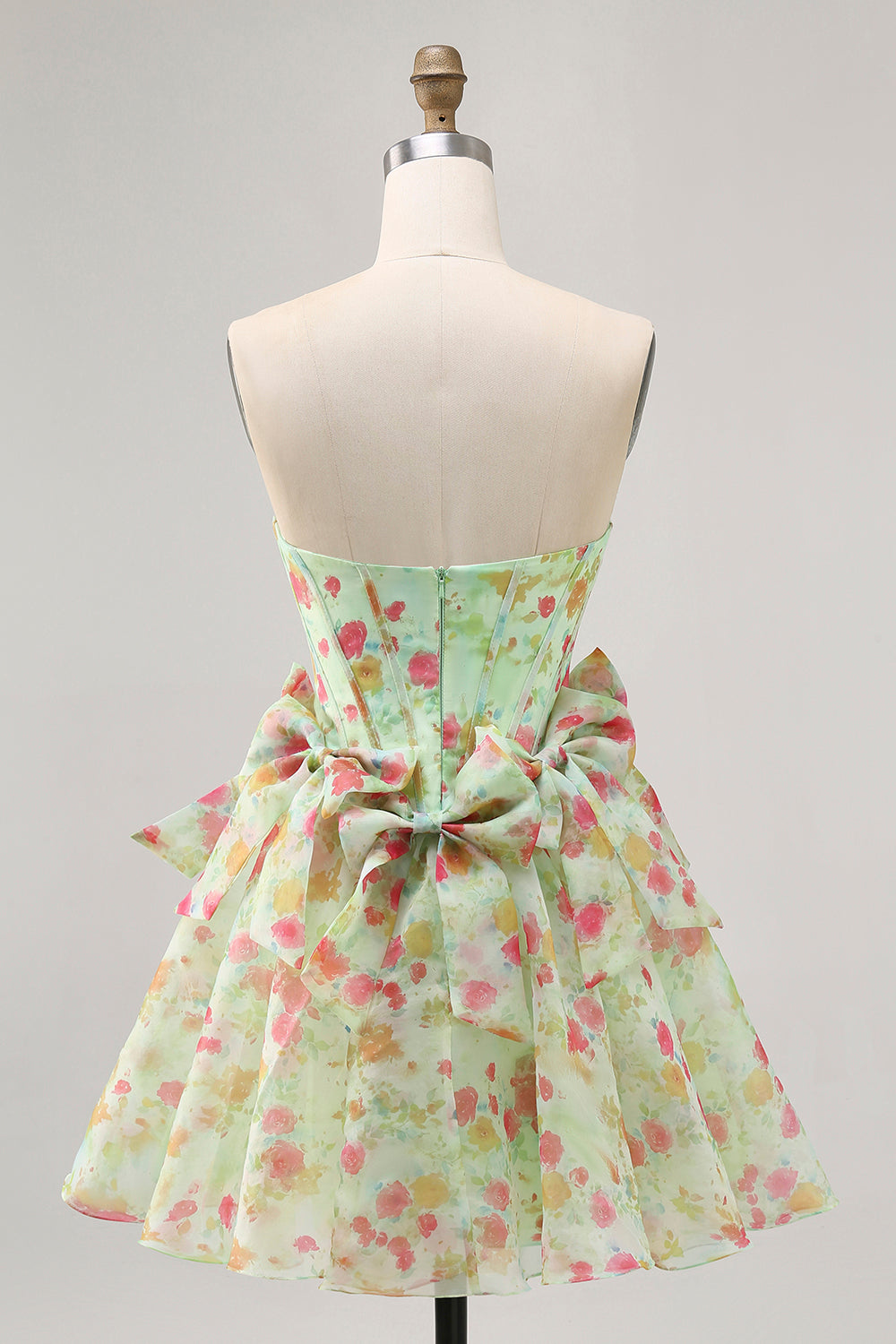 Green Printed A-Line Strapless Corset Homecoming Dress With Bows