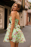 Green Printed A-Line Strapless Corset Homecoming Dress With Bows