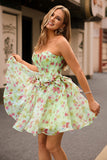 Green Printed A-Line Strapless Corset Homecoming Dress With Bows