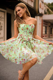 Green Printed A-Line Strapless Corset Homecoming Dress With Bows