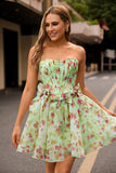 Green Printed A-Line Strapless Corset Homecoming Dress With Bows