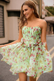 Green Printed A-Line Strapless Corset Homecoming Dress With Bows