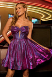 Corset Keyhole A Line Strapless Metallic Dark Purple Homecoming Dress