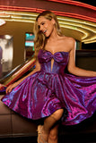 Corset Keyhole A Line Strapless Metallic Dark Purple Homecoming Dress