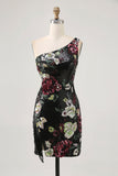 Black Flower Bodycon Sequin One Shoulder Homecoming Dress