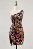 Black Flower Bodycon One Shoulder Homecoming Dress with Sequins