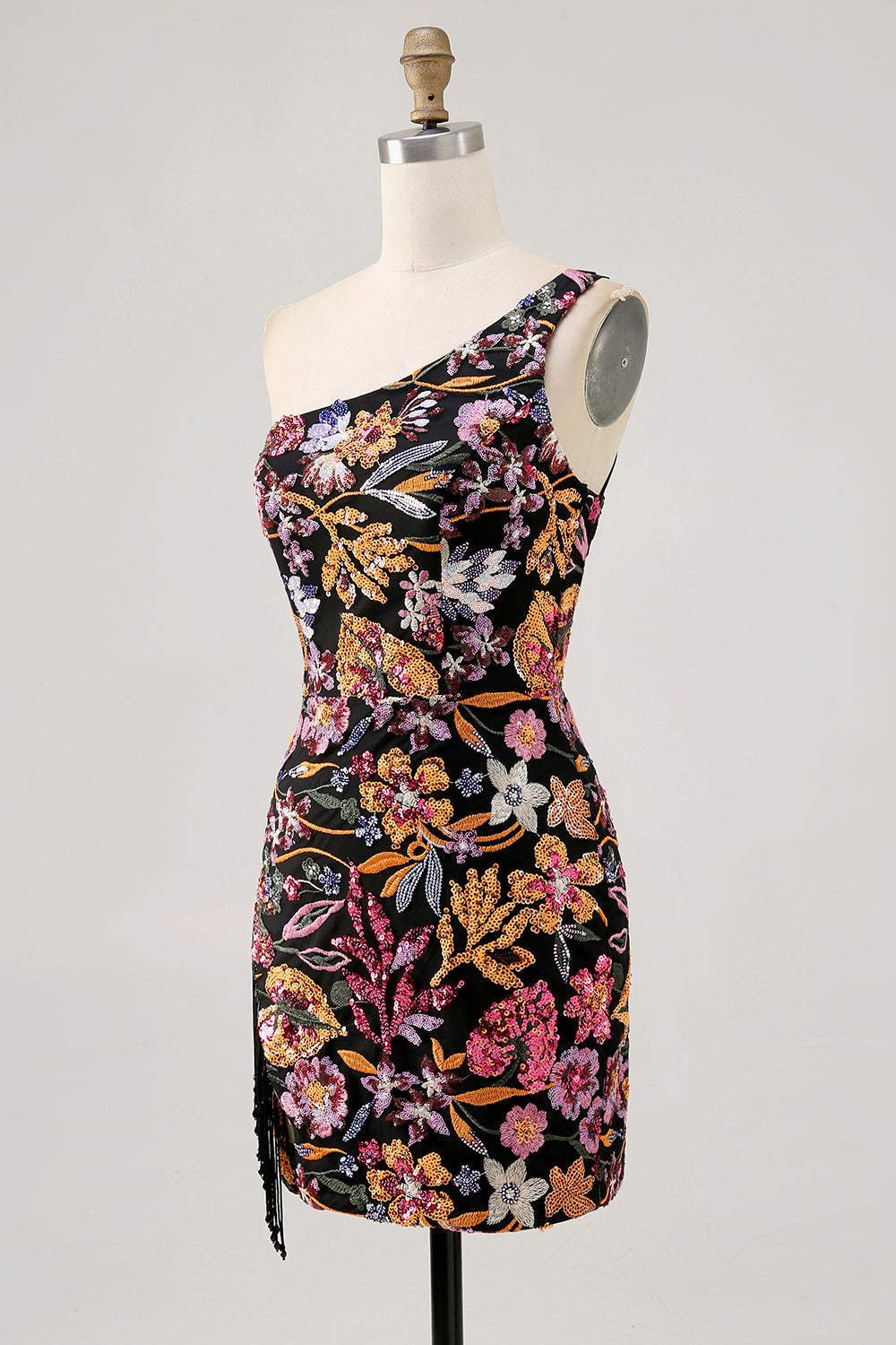 Black Flower Bodycon One Shoulder Homecoming Dress with Sequins
