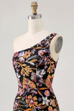 Black Flower Bodycon One Shoulder Homecoming Dress with Sequins
