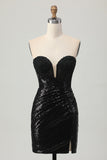 Black Bodycon Strapless Sequin Homecoming Dress with Slit