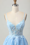 Blue A Line Cut Out Corset Homecoming Dress with Appliques
