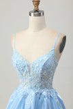Blue A Line Cut Out Corset Homecoming Dress with Appliques