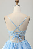 Blue A Line Cut Out Corset Homecoming Dress with Appliques