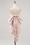 Pink Flower Strapless Ruched Bodycon Homecoming Dress With Bow