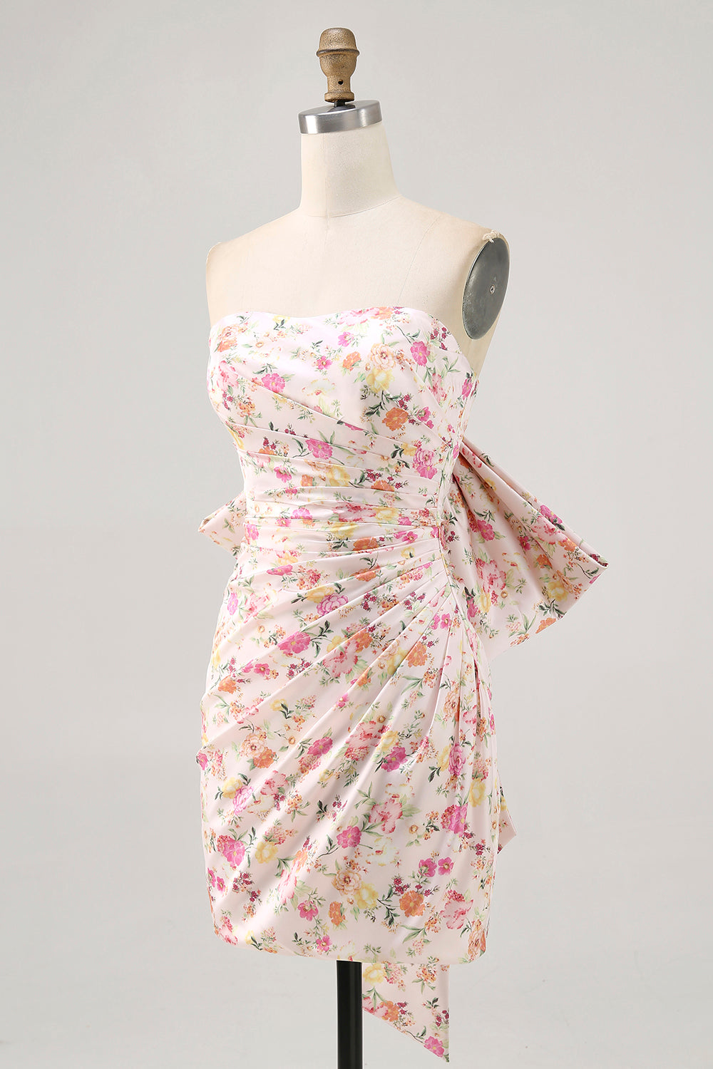 Pink Flower Strapless Bodycon Ruched Homecoming Dress with Bow