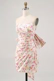 Pink Flower Strapless Bodycon Ruched Homecoming Dress with Bow