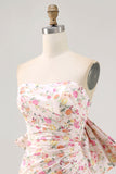 Pink Flower Strapless Bodycon Ruched Homecoming Dress with Bow